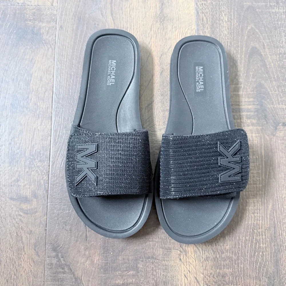 NEW Michael Kors MK Slide | Glitter Chain Mesh | Black | Size 8